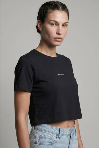 Woneagle Waneagle Kadın Siyah Bisiklet Yaka Logolu Sportif Crop Tişört Siyah Siyah