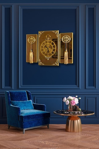 Casablanca 3 Lü Gold Aynalı Çerçeveli Püsküllü Duvar Saati Takımı, Wall Clock Hediye 38gmb Altın