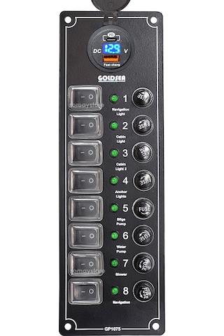 Goldsea Switch Panel 8 Anahtarlı Voltmetreli Usb-C Soketli 12-24 V 250X80Mm
