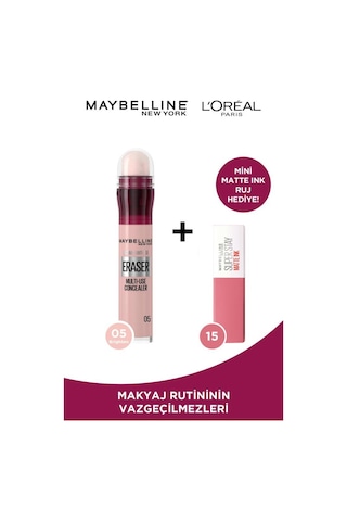 Maybelline New York Instant Eraser Kapatıcı 05 + Super Stay Matte Ink 15 Mini Ruj 05 Brighten