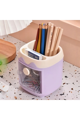 Sevimli Masaüstü Kalemlik Kawaii Kapaklı Mini Dolaplı Kalemlik - Mor Mor