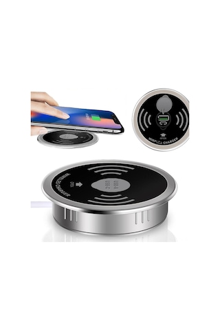 Hombey 15w Masaüstü Gömülü Kablosuz Şarj Cihazı - Usb-a/usb-c Hızlı Şarj, Qi Desteği, Siyah