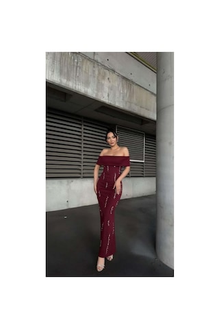DefyModa Kadın Scuba Esnek Kumaş Straplez Taş Detaylı Abiye Elbise Bordo