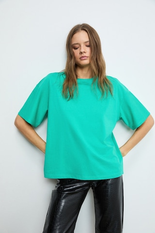 Grimelange LAGERTHA Kadın %100 organik Pamuklu Kalın Dokulu Oversize Fit Yuvarlak Yakalı Yeşil T-Shirt