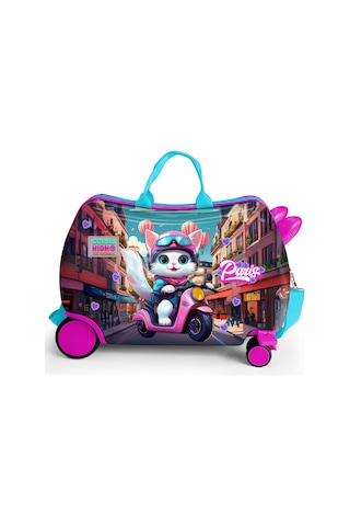 Coral High Kids Pembe Motorlu Kedi Desenli Otur-çek Çocuk Valizi 16358 Pembe