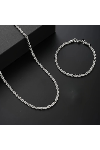 Çelik Takı Seti Bileklik Kolye İnce Burgu Zincir Model 3 Mm Kalınlık 17-55 Cm Uzunluk Gümüş Silver Gümüş