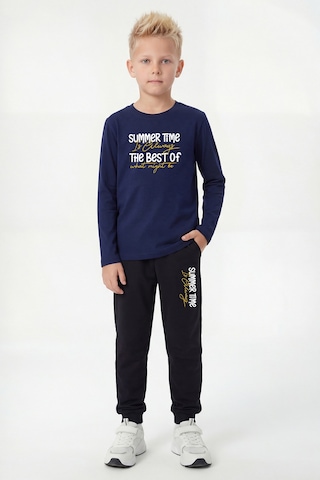 Panios Kids Yuvarlak Yaka Sweatshirt Paça Lastikli Eşofman Alt Baskılı Uzun Kollu Erkek Çocuk Alt Üst Takım Lacivert