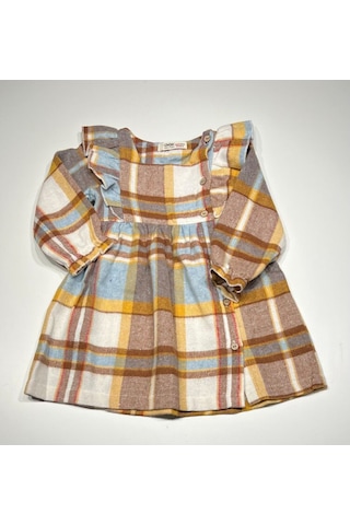 Kareli Fırfırlı 9-12 Ay Kız Bebek Dokuma Elbise Kahverengi