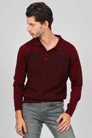 Desen Triko Erkek Desenli Polo Yaka Yün Kazak 0249642 Bordo