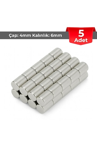 5 Adet Neodyum Mıknatıs Çap: 4mm Kalınlık: 6mm D4x6 Ndfeb Güçlü Mıknatıs Yuvarlak N086