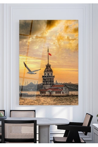 Kız Kulesi Cam Tablo 4 Mm Temperli Cam İstanbul Gün Batımı Duvar Dekoru
