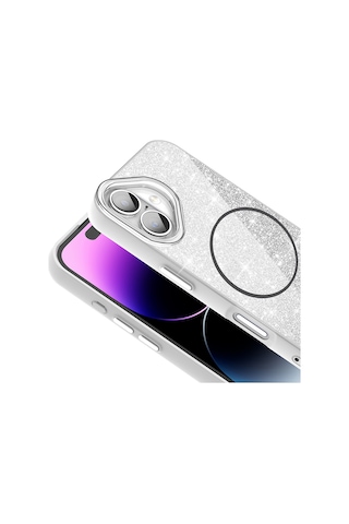 Apple Uyumlu iPhone 17 Kılıf M-safe Şarj Özellikli Parlayan Simli Okso Kılıf Beyaz