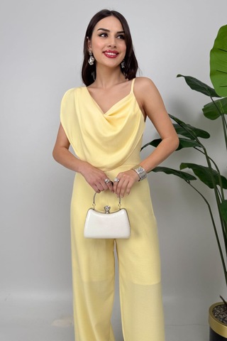 Élan Kadın Drapeli Detaylı Sarı Tulum Dokulu Kumaş Şıklığı Sarı