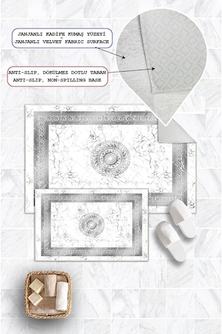 Dijital Baskı Mermer Desen Kaymaz Taban 2li Set Banyo Paspası Klozet Takımı 50x60cm-60x100cm Gri