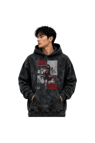 Sevbano Itachi Uchiha Naruto Anime Baskılı Unisex Oversize Yıkamalı Premi Siyah
