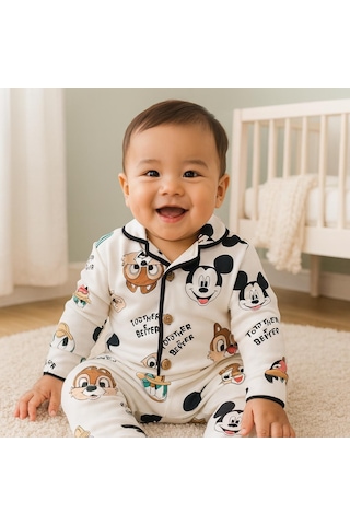 Mickey Önden Düğmeli Mevsimlik 2 Parça Pjama Takımı Kahverengi