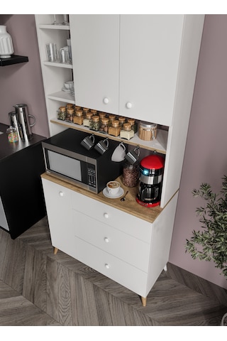 Stella Kahve Köşesi Dolabı Beyaz-meşe 90cm, Erzak Dolabı, Kiler Dolabı