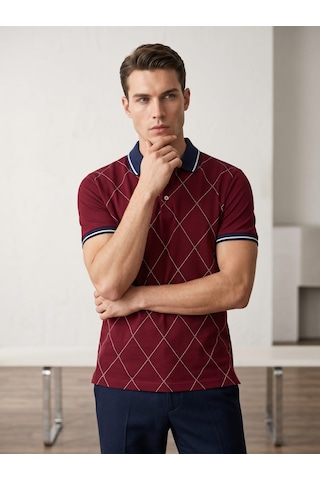 Giyim Dünyası Erkek Baklava Desenli Polo Yaka Tshirt Bordo