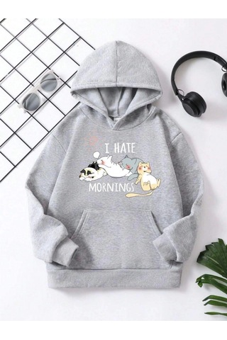 Alfanora Çocuk Unisex Kapüşonlu Kedicik Baskılı Pamuklu Sweatshirt - Gri