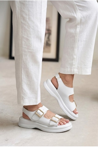 Giamgia Store Kadın Beyaz İki Bantlı Kalın Taban Rahat Günlük Sandalet-2356