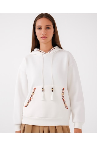 Bigdart Kadın Kapşonlu Şardonlu Nakışlı Üç İplik Beyaz Kadın Sweatshirt Beyaz
