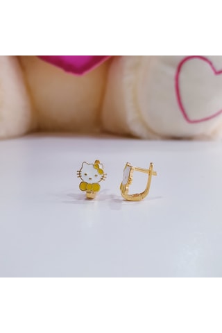Mineli Klipsli Sarı Tokalı Sevimli Kedi Model Gümüş Çocuk Küpesi