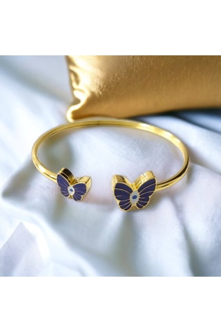 Çelik Mor Kelebek Detaylı Altın Renkli Kararmaz Kadın Bilezik Bileklik Çelik