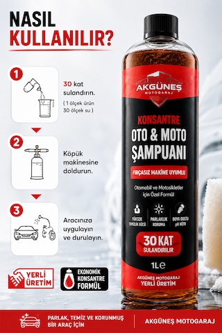 Akgüneş Motogaraj 1 Lt Konsantre Oto & Moto Şampuanı 30 Kat Sulandırılabilir Fırçasız Makine Uyumlu