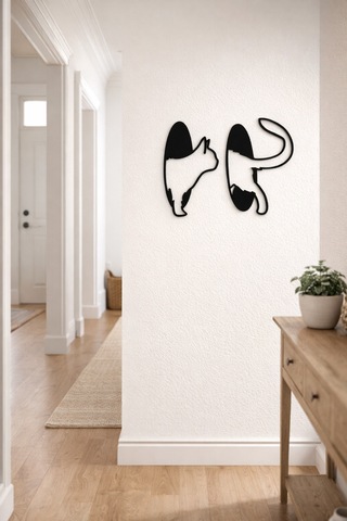 Kedi Figürlü Mdf Duvar Dekoru 2 Li Set Modern Siyah Minimal Kedi Tablosu Siyah