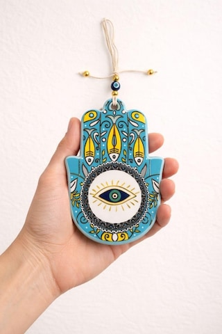 Nice For You Seramik Nazar Duvar Süsü Fatma Eli Hamsa - 13 Cm El Yapımı - Kapı Girişi & Salon Dekoru - Anlamlı Hediye