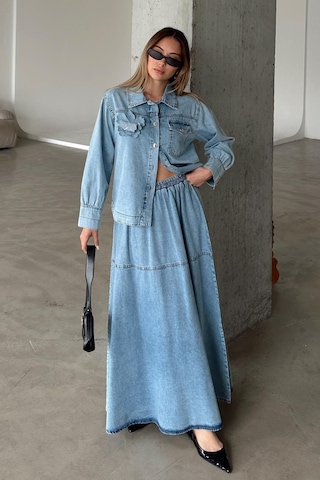 Olcay Çiçek Aplikeli Etek Ceket Denim Takım Mavi 9346-tk