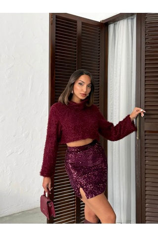 Verymoda Pullu Kadife Payet Mini Etek F2054 Mürdüm