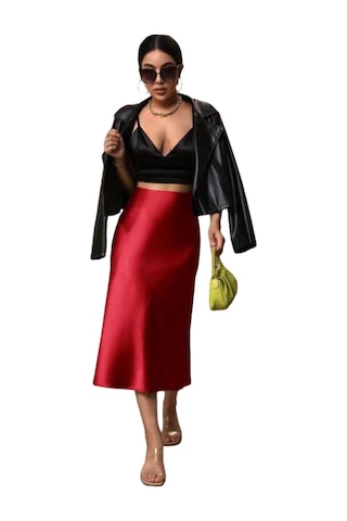 Kadın Saten Kalça Balık Etek Kırmızı