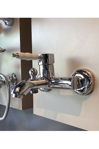 İsaoğlu Yapı Banyo Bataryası Vintage Tasarım Porsalen Banyo Musluğu Pirinç Gümüş