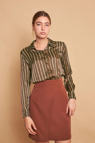 Desenli Yakalı Uzun Kol Likrasız Şık Kumaş Gömlek-Haki Çizgi Haki Çzg.