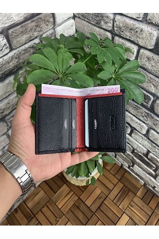 Asyaclub Hakiki Deri Erkek Siyah/Kırmızı Mini Cüzdan Siyah