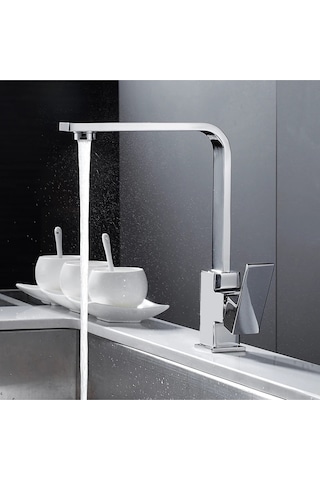 Square Kare Krom Mutfak Eviye Lavabo Bataryası Banyo Mutfak Musluk 360 Derece Döner Ağır Gövde Krom