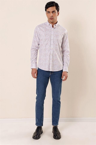 İmza Koyu Mavi Uzun Kollu Baskılı Cepsiz Pamuklu Likralı Casual Slim Fit Dar Kesim Gömlek 1004230136-koyu Mavi Koyu Mavi