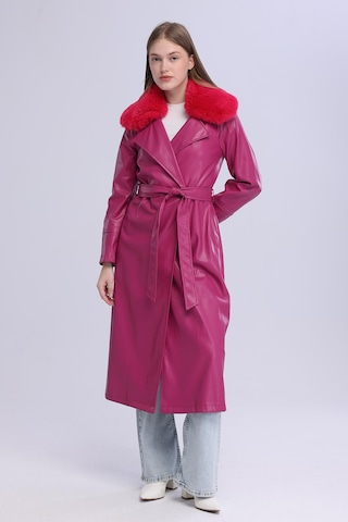 Selectmoda Kadın Peluş Yaka Deri Görünümlü Uzun Kaban Pembe