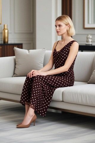 Benerly Kadın Maxi Bodycon Örme Puantiyeli Asimetrik Yaka Kolsuz Büzgülü Kahverengi