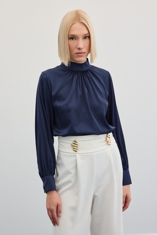 Sateen Yaka Detaylı Saten Bluz - Lacivert-136018 Lacivert
