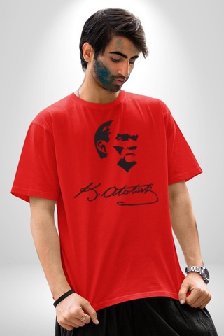 Kemal Atatürk İmza Ve Silüet Pamuklu Bisiklet Yaka Kadın Erkek Oversize Boyfriend Dijital Baskılı Kırmızı T-shirt Kırmızı