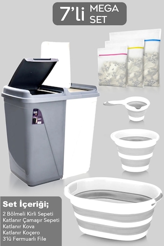 7'li Banyo Seti - 90 Lt Kirli Sepeti Katlanabilir Çamaşır Sepeti Su Kovası Maşrapa Yıkama Filesi Gri