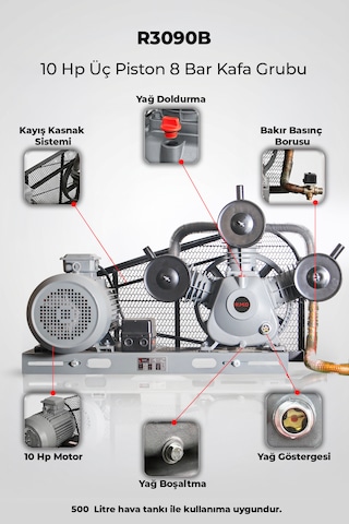 10 Hp Üç Piston 8 Bar Kompresör Kafası R3090b