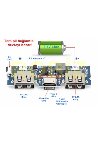 Powerbank Devresi 5v 2.4a Dual Usb Çıkış Type C Micro Usb Giriş
