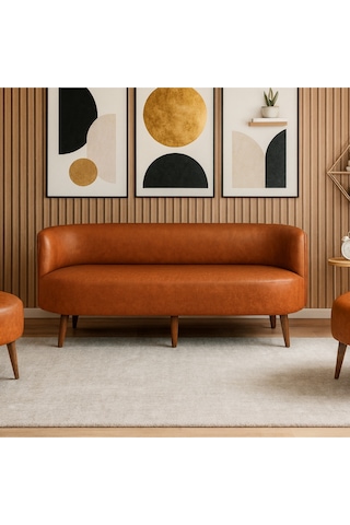 Sydney Üçlü Koltuk Kanepe Deri Kumaş - Ahşap Ayak Ev & Ofis Kullanımı - Taba Taba