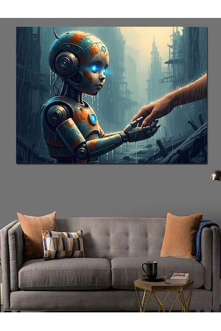 Ahşap Tablo İnsan Elini Tutan Küçük Robot