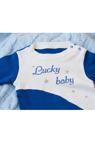 Biçomi Lucky Baby Kaşındırmayan Yumuşak Dokulu Çizgili Bebek Tulumu & Şapka Seti 0-6 Ay Lacivert
