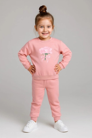 Kız Çocuk %100 Pamuk Gül Baskılı Eşofman Takımı Pudra