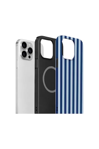 Apple iPhone Uyumlu 14 Pro Max Vorian Çift Katmanlı Magsafe Kılıf Navy Riviera Stripe